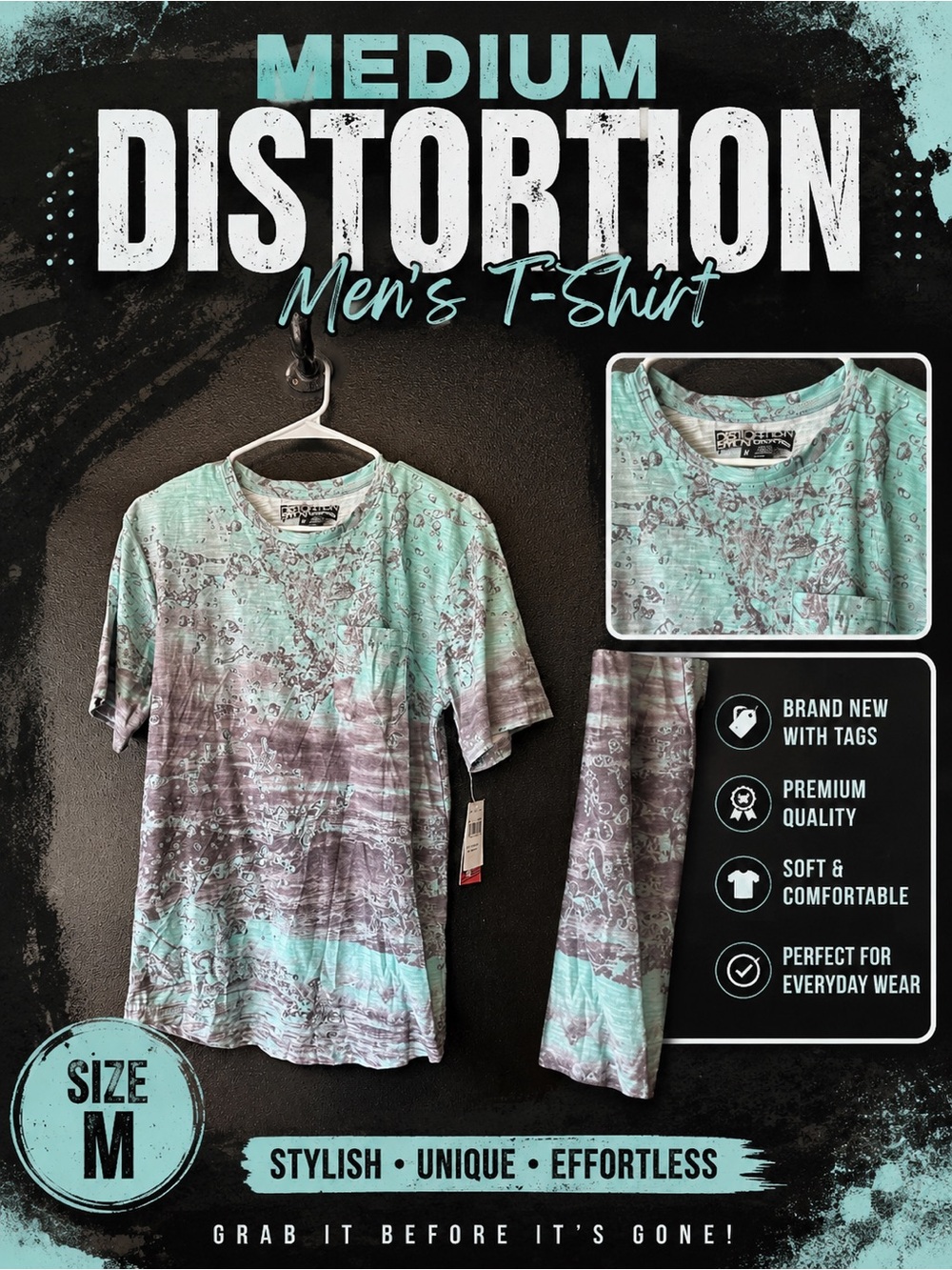 Distortion Men's Short Sleeve T-Shirt in Mint and Gray - Medium